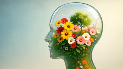 Transparent human head silhouette filled with blooming flowers and a tree, symbolizing positive mind, well being, and World Mental Health Day