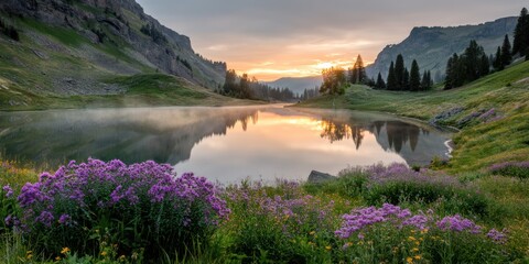 Peaceful alpine lake at sunrise with floral meadow, misty pine slopes, and orange sky reflection ultra-detailed