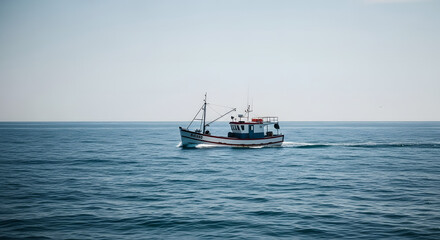 Naklejka premium A lone fishing boat sails across the calm blue ocean under a clear, bright sky.
