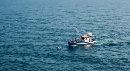 Naklejka premium A small fishing boat sails on the vast blue ocean, followed by a single seabird.