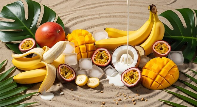 Assortment of tropical fruits like mango, banana, passionfruit and coconut