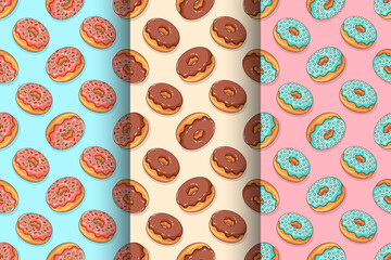 Cartoon donuts with blue, pink and chocolate glaze and colorful sprinkles. Vector seamless patterns collection.