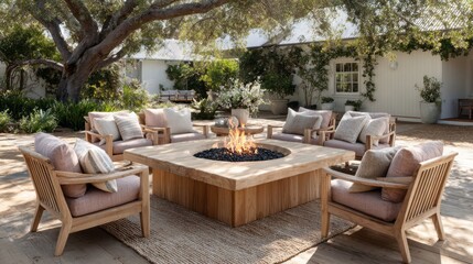 Fototapeta premium Modern patio furniture creates an enchanting outdoor gathering space with cozy seating and a warm fire pit
