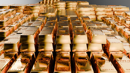 Gold market and increasing prices, Stacked gold bars, investment and wealth growth, Business and Finance Concept, 3d render	
