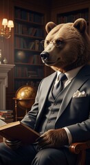 Anthropomorphic Bear Reading in Library, Suit, Glasses, Globe, Bookshelves, Warm Light