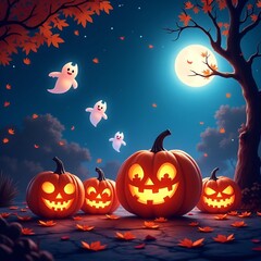 Spooky Happy Halloween Background with Glowing Pumpkins and Haunted Night Scene