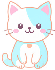 adorable illustration of a cartoon cat with a white body and patches of soft pastel colors in pink, blue, and mint green. The cat has a sweet, smiling expression and a simple, playful design, framed i