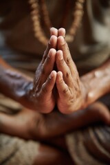 Fototapeta premium Close-up of hands in prayer position, sitting cross-legged, wearing beaded necklace.