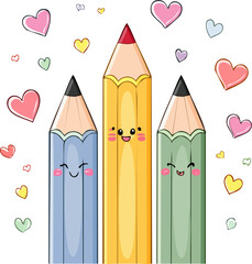 Obraz premium Sweet smiling pencils in soft pastel shades. Fun pastel-colored pencils with happy faces. Adorable pencil illustration with pastel colors. Cute colorful pencils with joyful faces