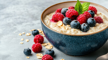 Healthy food vs junk food, Bowl of oatmeal topped with berries and sugary cereal, ideal for healthy breakfast visuals.