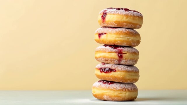 Delicious glazed donut stack with berry jam and powdered sugar, featuring tempting dessert tower of six donuts with red syrup on pastel background