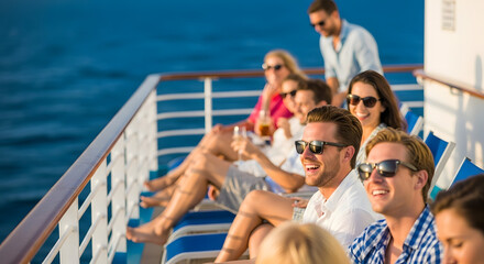 A group of happy young friends relaxing on lounge chairs on the deck of a cruise ship, enjoying the sun and ocean.