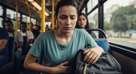 Motion Sickness Experienced by Woman on Crowded Bus Clutching Her Stomach With Pale Expression