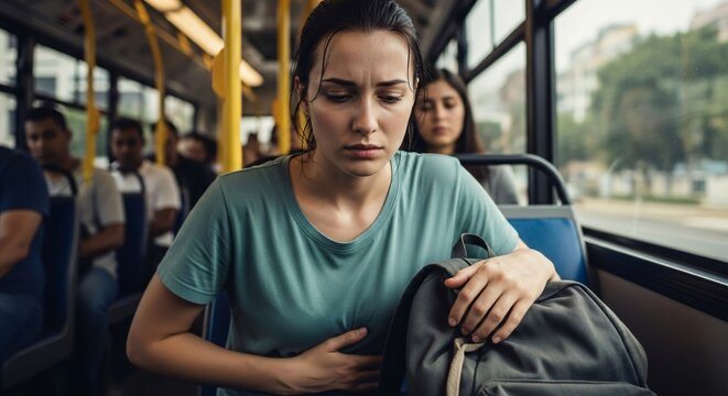Motion Sickness Experienced by Woman on Crowded Bus Clutching Her Stomach With Pale Expression