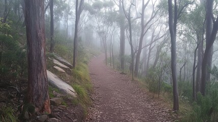 Obraz premium Serene Misty Pathway Through Lush Green Forest Surrounded by Tall Trees on a Foggy Morning in Nature