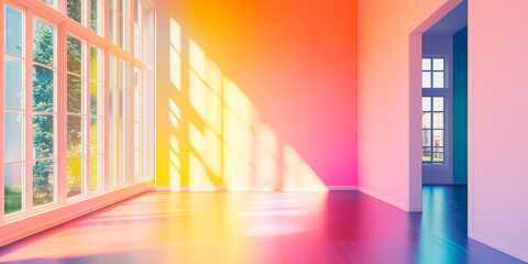 Bright empty room large panoramic windows. sunlight flooding the space. Minimalist template with copy space. Family business real estate renovation theme poster web cover banner. Generative Ai content