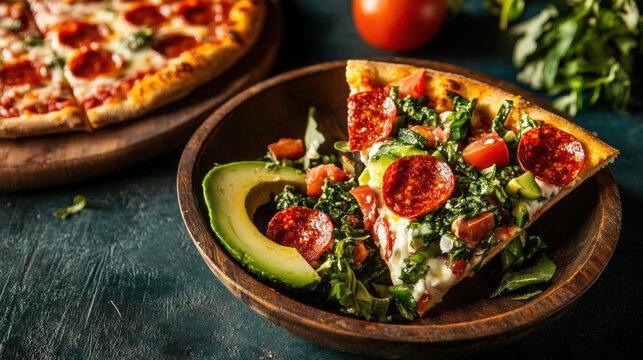 Green vegetable salad with avocado next to pepperoni pizza slice