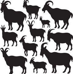 Collection of black goat silhouettes in various poses on a white background animal livestock