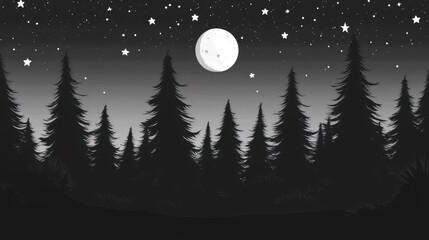Fototapeta premium Black and White Night Sky with Moon and Pine Trees in Silhouette Form Against Starry Sky Background for Atmospheric Nature Illustration