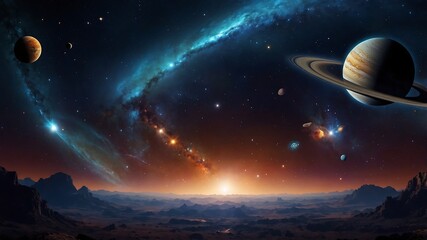 Fototapeta premium Wide shot of a vibrant nebula and planets, including Saturn, rising over a desolate alien landscape at sunrise, showcasing a cosmic and dramatic scene with warm, orange