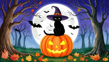 Black cat on halloween pumpkin illustration