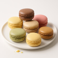 Fototapeta premium Delicious colorful French macarons on a white plate, perfect for dessert