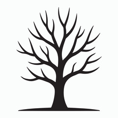 black silhouette of a leafless tree against a white background.
