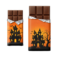 halloween chocolate bars with haunted house wrappers isolated on transparent background