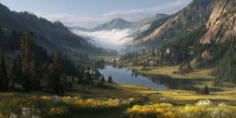 Fototapeta premium Mist drifting through pine mountains in a sunlit alpine valley with a reflecting lake and flower fields photorealistic, soft golden light
