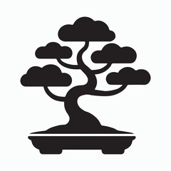 black silhouette of a bonsai tree in a pot.
