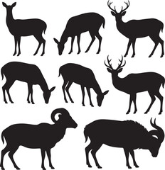 Black silhouettes of deer and rams in various poses animal wildlife