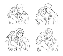 Four illustrations showing affectionate couples embracing with care and tenderness in black lines
