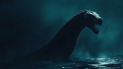 Silhouette of the Loch Ness Monster emerging from dark, misty waters at night.