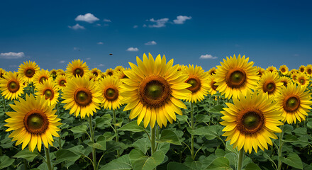 Fototapeta premium Expansive field of tall organic sunflowers facing the sun, bright yellow petals glowing against a deep blue sky, bees pollinating in the foreground — captured in a bold, high-color photography style. 