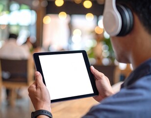 Man Using Tablet In Cafe With Headphones On