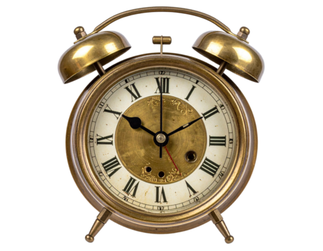  Side-Angle View of Retro Bronze Alarm Clock Ringing at Five to Twelve, Isolated