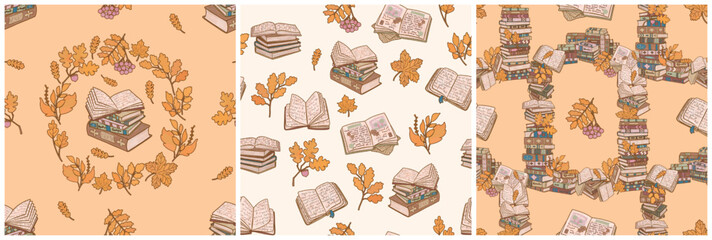 Folk set of 3 school book autumn patterns. Books and yellow leaves collection for library, bookstore, study room wallpaper design. Boho style design for back to school party