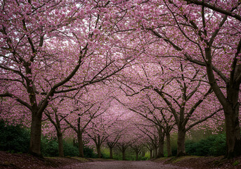 Cherry Blossom Trees Blooming in Peaceful Forest Setting