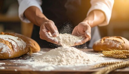 Fototapeta premium Baker's Hands Pouring Flour Over Wooden Table