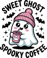 Sweet Ghost Spooky Coffee. Cute Kawaii Halloween Ghost with Pink Beanie and Coffee Cup Illustration