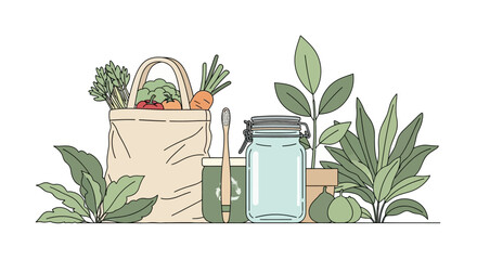 Sustainable Lifestyle Illustration with Reusable Bag Glass Jar and Bamboo Toothbrush.
