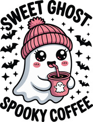 Sweet Ghost Spooky Coffee. Cute Kawaii Halloween Ghost with Pink Beanie and Coffee Cup Illustration