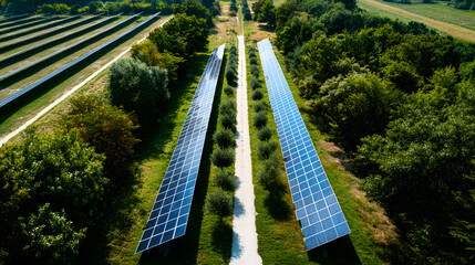 Aerial View of Solar Panels Surrounded by Lush Greenery in a Sustainable Landscape
