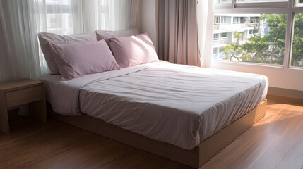 Fototapeta premium Bedroom scene showing a double bed with a mattress corner visible, fitted sheet, and two pillows, placed on wooden flooring near a window. Bedside table located by the bed. Frontal photo appropriate