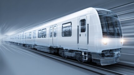 Naklejka premium A modern train speeds through a blurred tunnel, showcasing motion and technology.