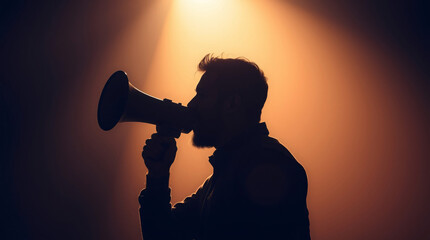 A silhouette of a person using a megaphone, symbolizing public speaking or protest.