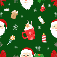 Seamless Christmas Pattern with Santa Claus and Holiday Icons