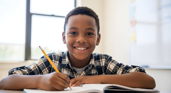 Happy African American boy smiling while writing in his notebook at school education learning childhood student elementary school pupil knowledge classroom back to school