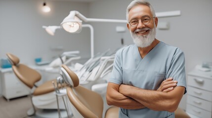 Confident older adult male dentist stands proudly in modern dental clinic during afternoon