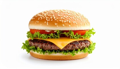 Juicy grilled beef burger with lettuce, tomato, cheese, and sesame bun, isolated on white background, studio lighting, commercial food photography
